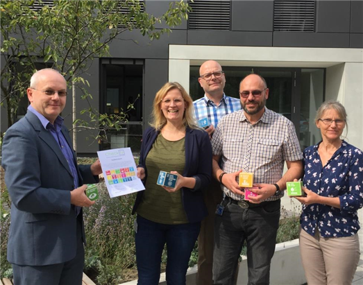 Erfolgreicher CheckN bei GOLDBECK: (v.l.): Dieter Brübach (Vorstand, B.A.U.M. e.V.), Dietke Benndorf (Kommunikation & PR, GOLDBECK), Elmar Stevens (Senior-Consultant, B.A.U.M.-Consult), Thomas Eilers (Arbeitsschutz- und Energiemanagement, GOLDBECK), Birgit Reher (Umweltamt der Stadt Bielefeld)